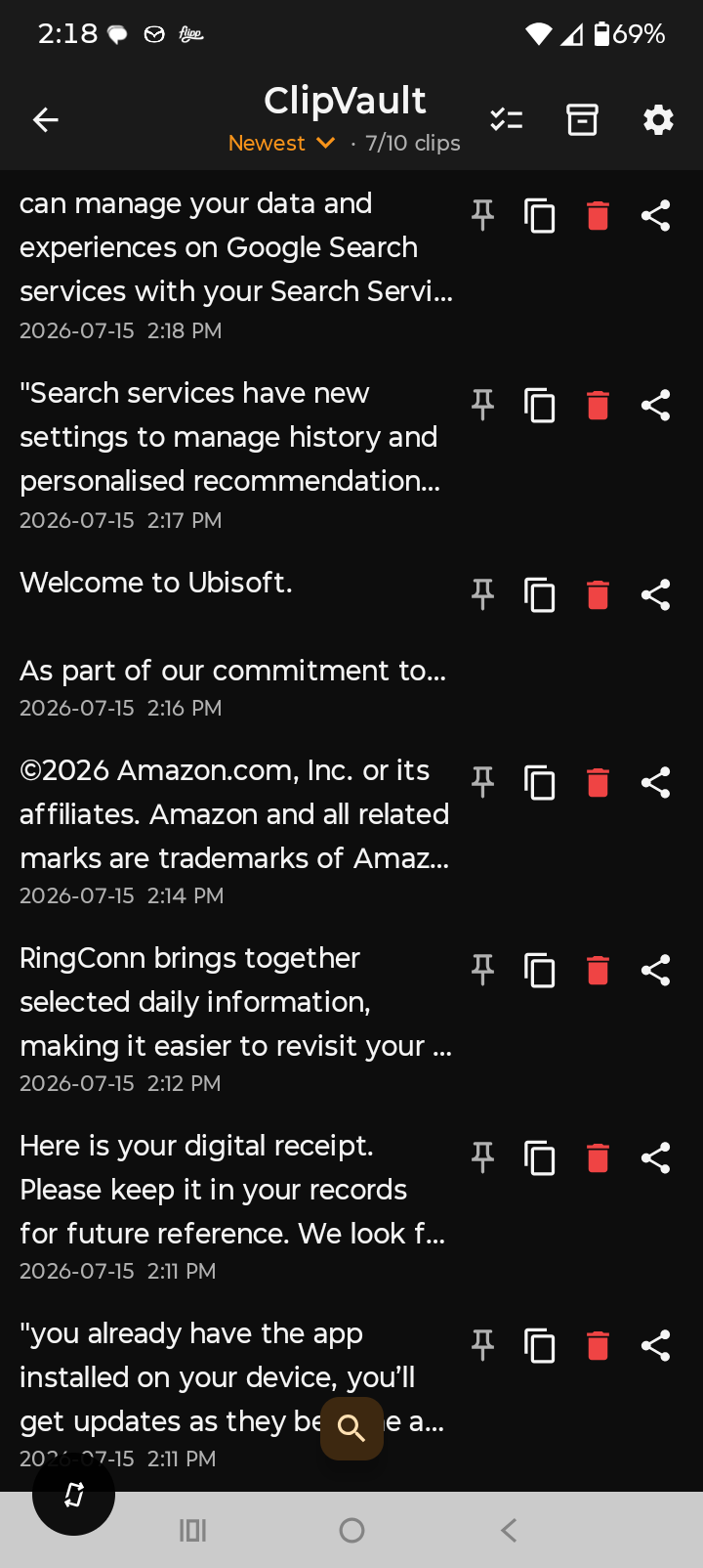 ClipVault home screen showing clipboard history