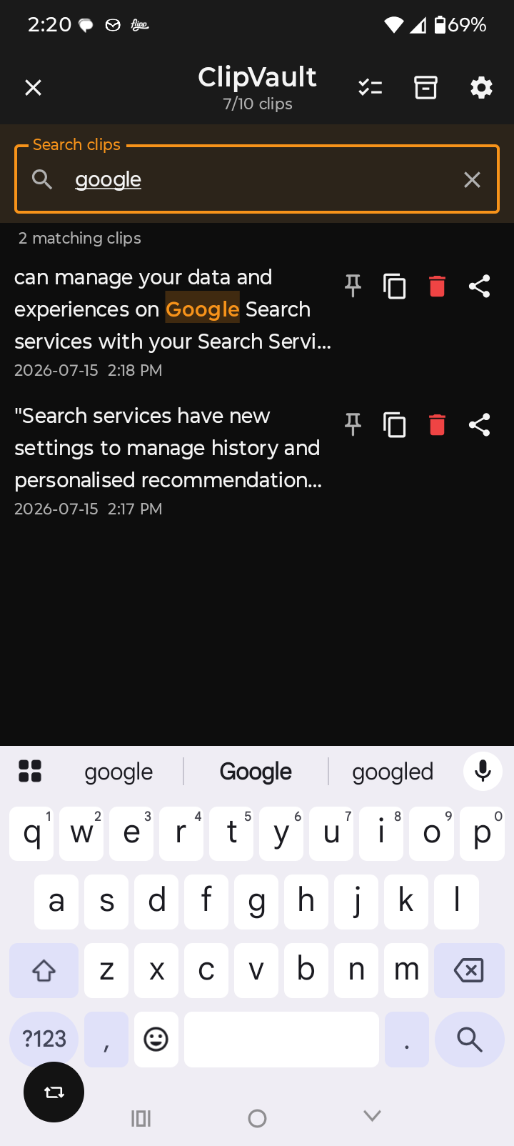 ClipVault search results