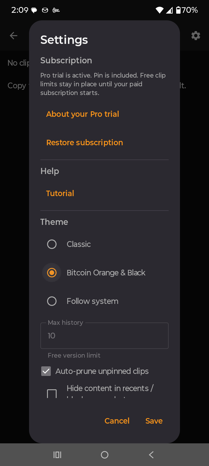 ClipVault settings with Pro trial active