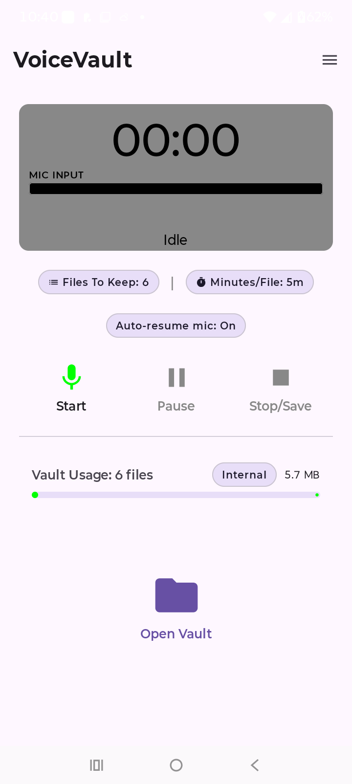 VoiceVault home recording screen with Files To Keep, Minutes/File, and Auto-resume mic pills
