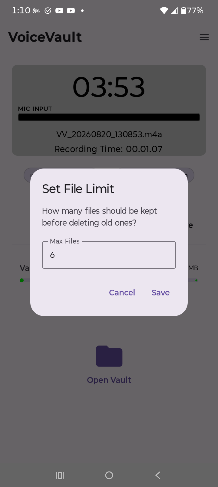 VoiceVault set file limit dialog